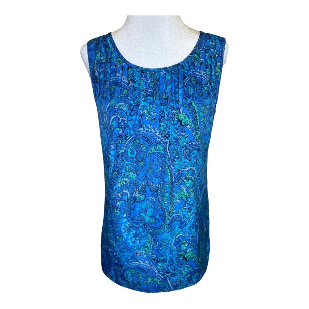 LOFT Sleeveless Top Blue Green Paisley‎ Print Pleated Detail Blouse XS